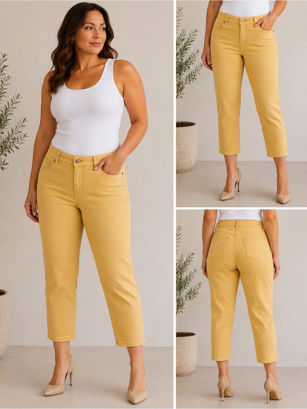 roz & ali yellow cropped stretch capri pants women size 12 average inseam 20”